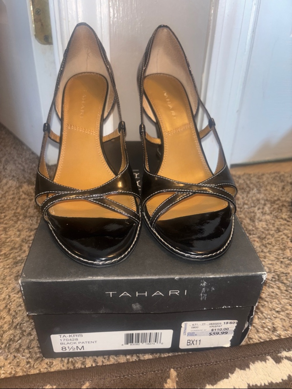 Tahari Black Patent Open-Toe Strappy Heels